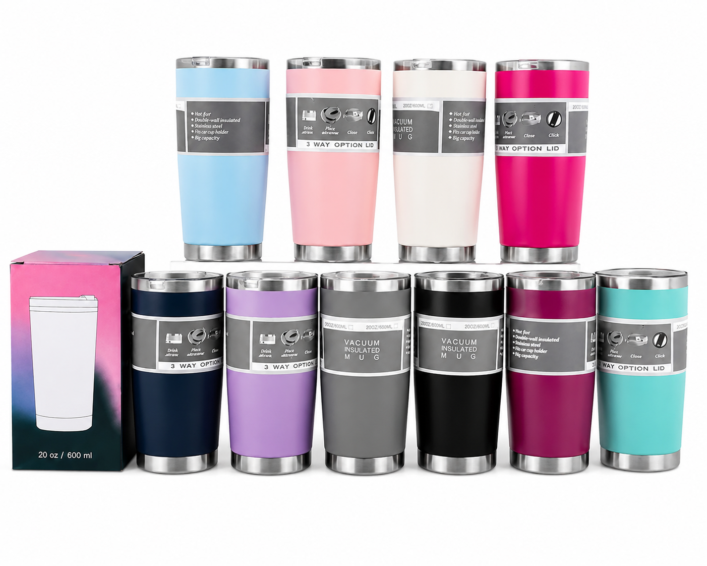 Termo Genérico 20oz con Tapa 3 en 1| Acero Inoxidable Doble Pared al Vacío